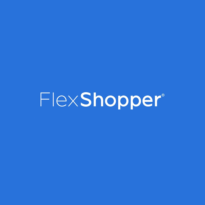 FlexShopper logo displayed on a solid blue background, showing the brand name in white modern text.