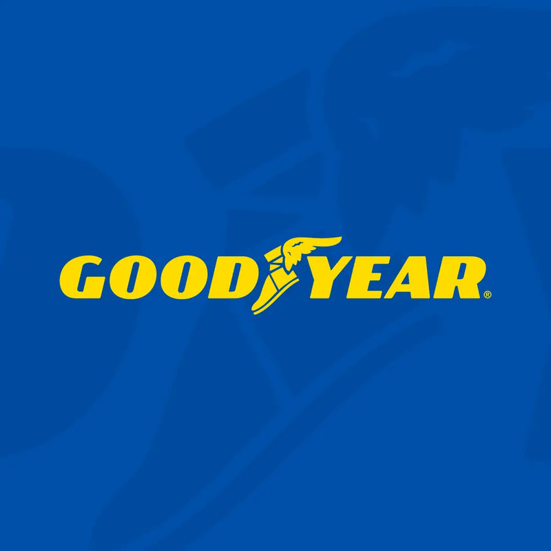Goodyear logo in bold yellow lettering on blue background with winged foot symbol, representing tire brand identity.