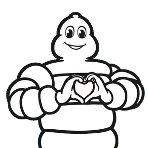 Michelin man making a heart using his hands. 