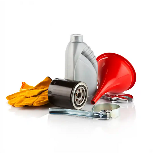 Oil change supplies including gloves, oil filter, funnel, oil bottle, and filter wrench on white background.