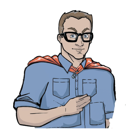 Phantom Tire Buyer dressed in glasses, blue shirt, and red cape—representing trustworthy auto service professionalism.