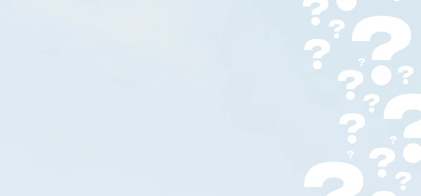 Light blue background with scattered white question marks on the right side.