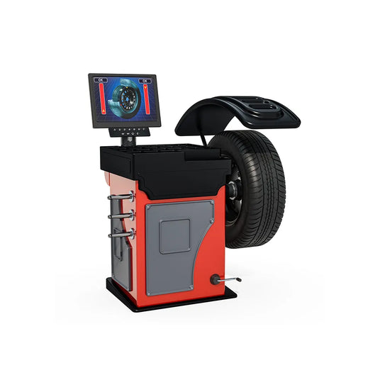 Wheel alignment machine with a tire on a white background