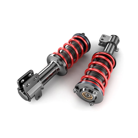 Two shock absorbers with red springs on a white background
