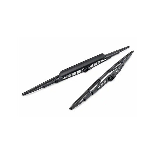 Pair of black automotive wiper blades on a white background.