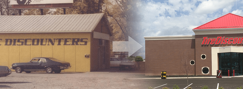 Side-by-side image showing the evolution of Tire Discounters from a small yellow building to a modern brick retail store.