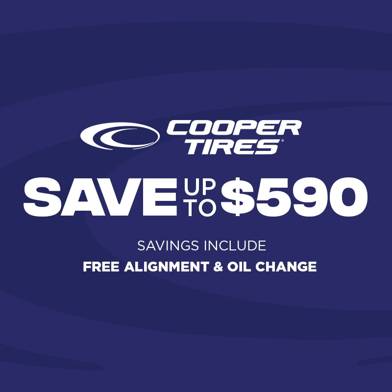 Cooper Tires advertisement on a dark blue background with text about savings and free services.
