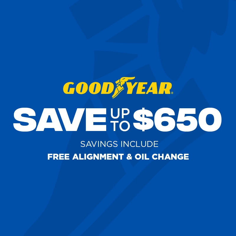 GoodYear advertisement on a blue background with text about savings and free services.