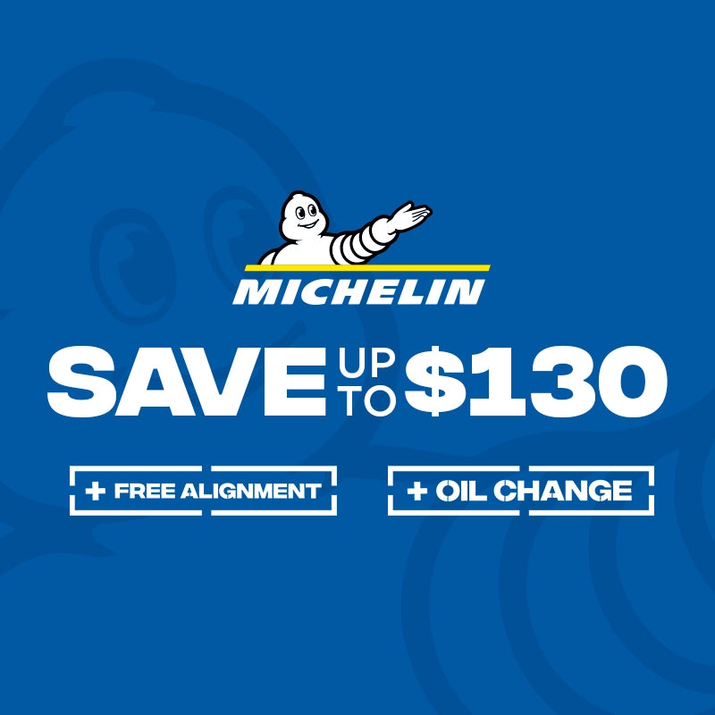 Michelin advertisement on a blue background with text about savings and free alignments/oil changes.