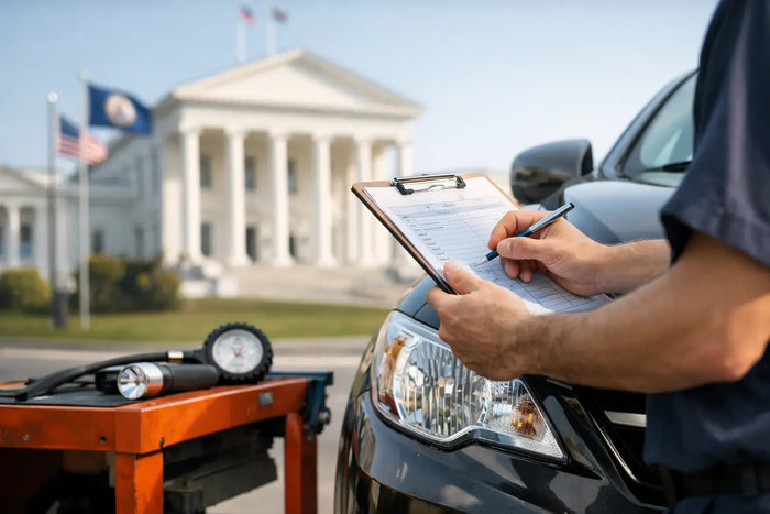 A mechanic in a navy blue uniform holds a clipboard and pen next to a black car, with a tire pressure gauge on an orange cart in the foreground and a blurred government building in the background.