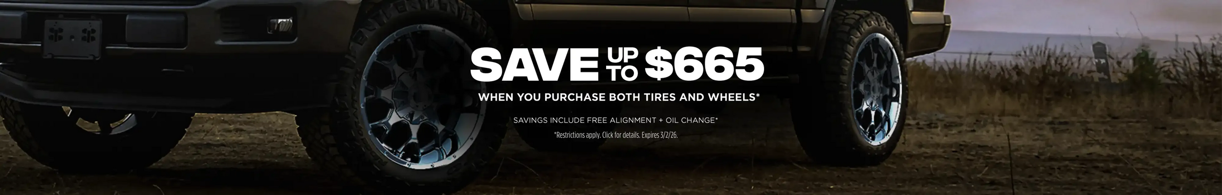 Tire Discounters banner offering up to $665 off when purchasing both tires and wheels